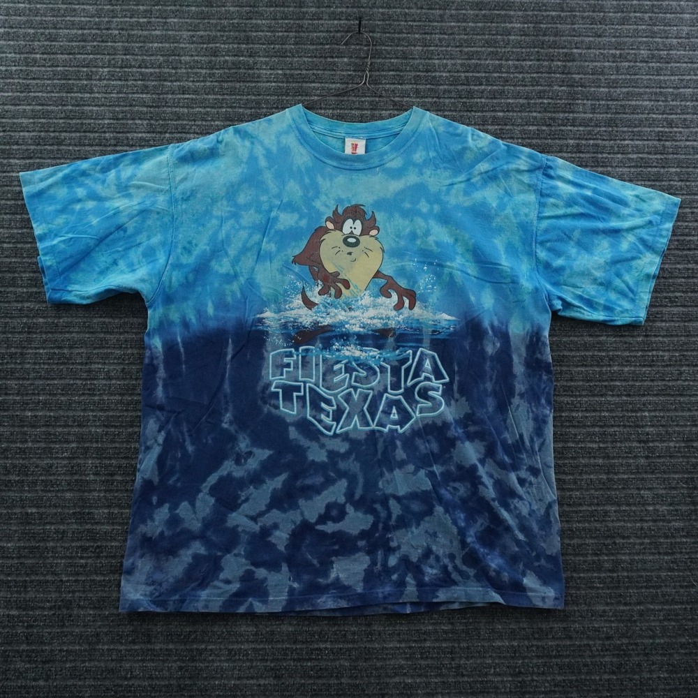 Six Flags T-Shirt Mens XL Blue Tie Dye Taz Fiesta Texas Vintage 2000 Graphic Tee